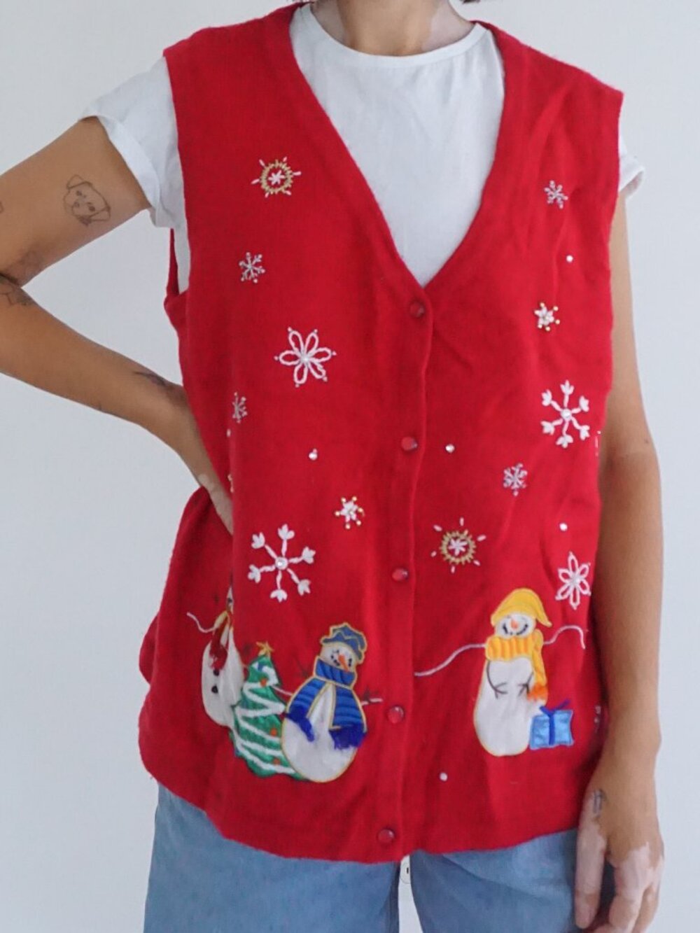 Vintage Red Snowman Snowflake Beaded Sequins Ugly Christmas Knit Vest M